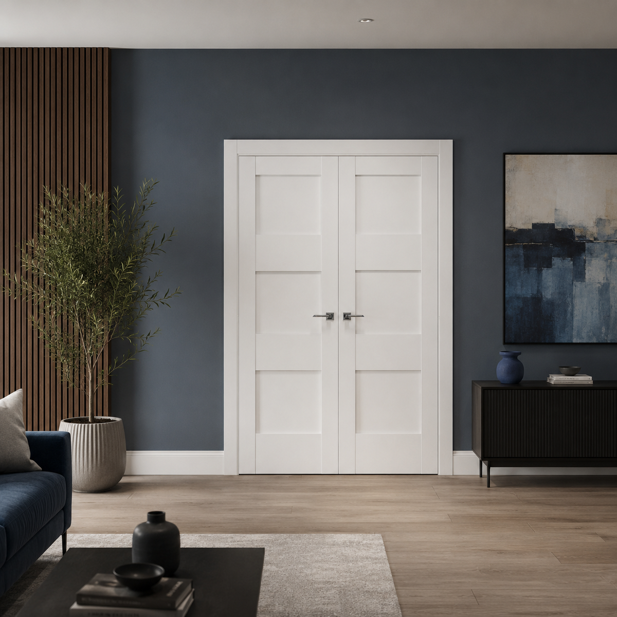 Nova Stile 044 Soft White Laminated Modern Double Pre-Hung Door - Doors and Beyond