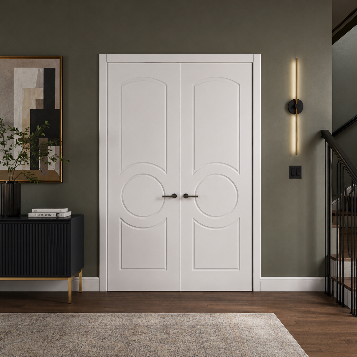 Nova Ovalo Soft White Laminated Modern Double Pre-Hung Door - Doors and Beyond