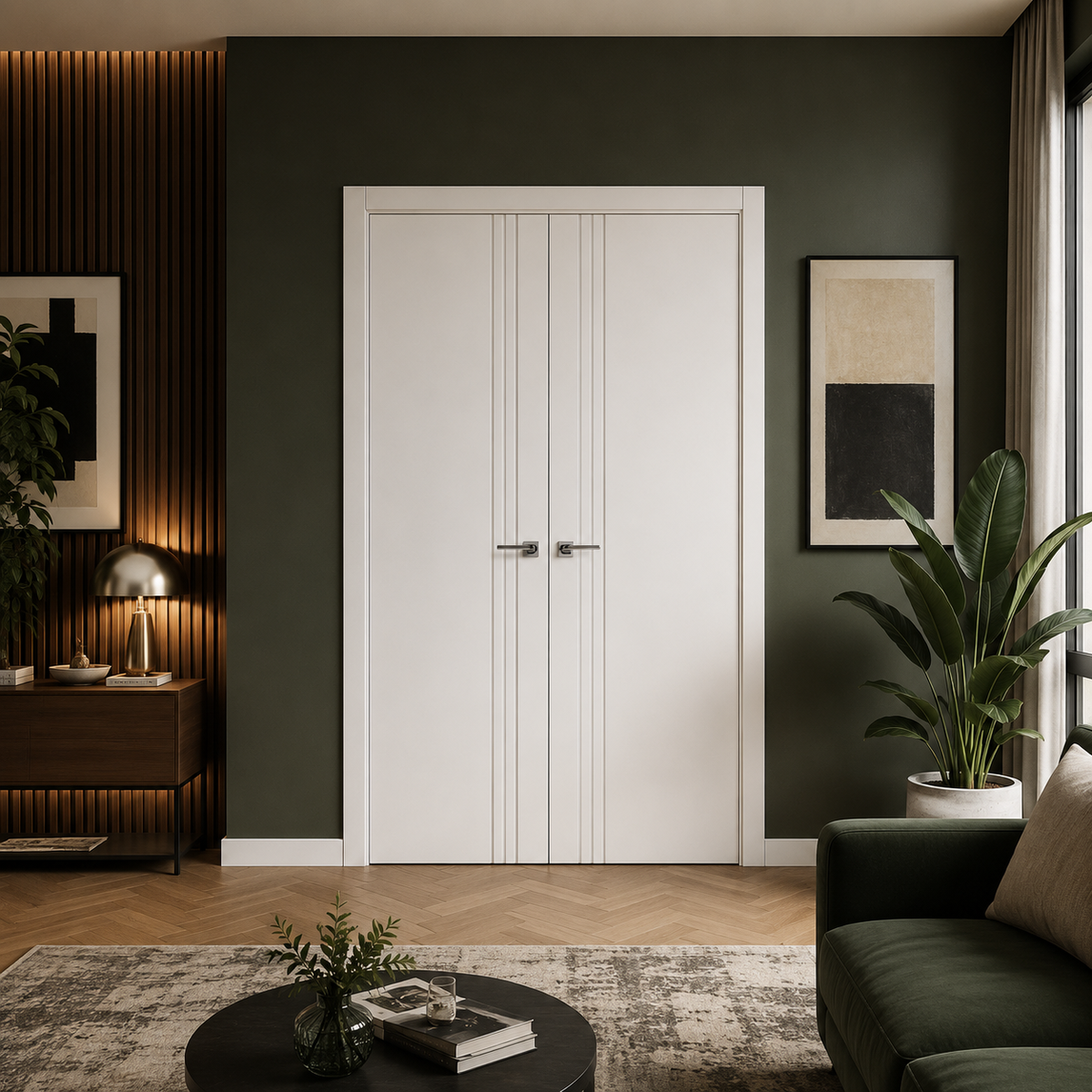 Nova Glam Pro 004 Soft White Laminated Modern Double Pre-Hung Door - Doors and Beyond