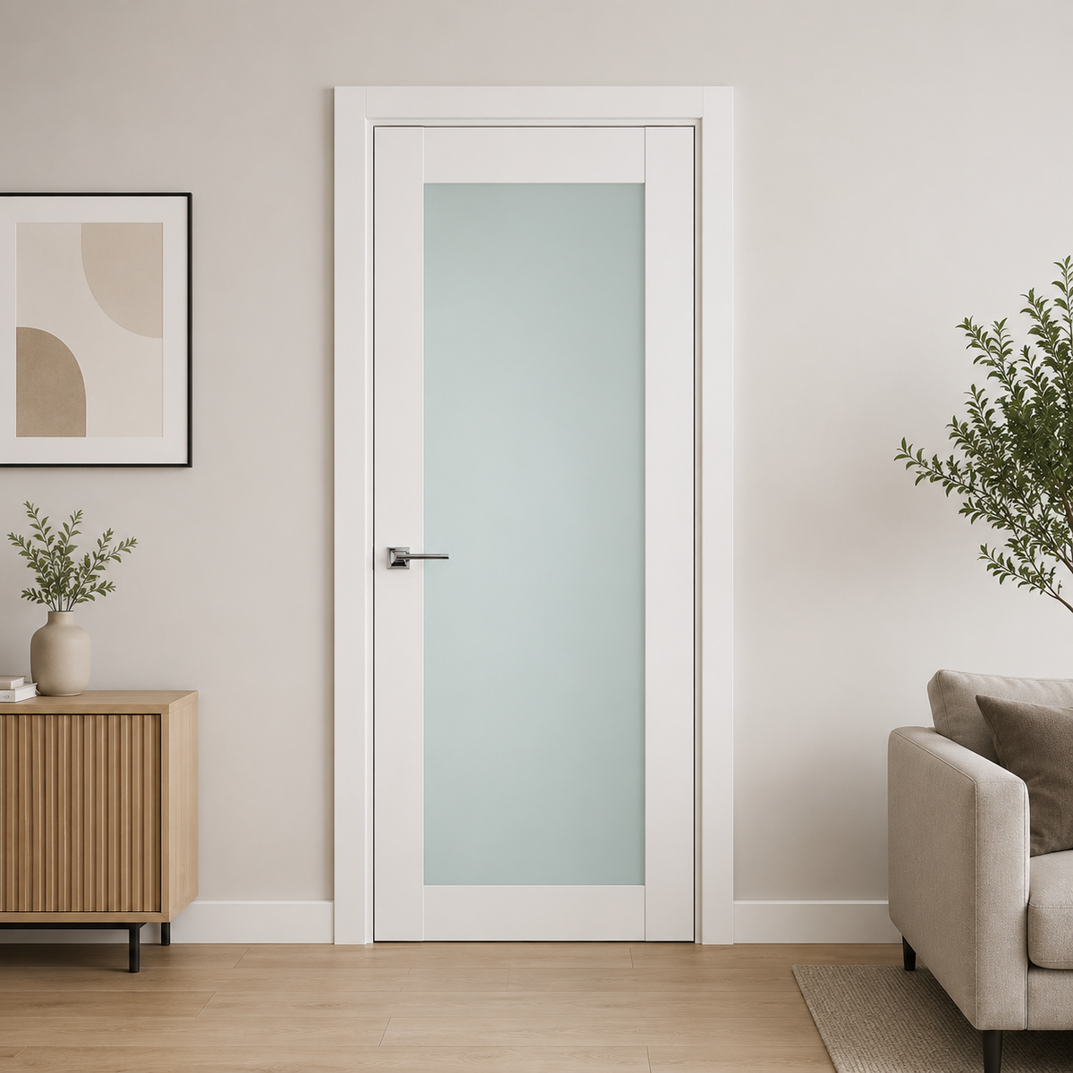 Nova Triplex 054 Soft White Laminated Modern Pre-Hung Door - Doors and Beyond