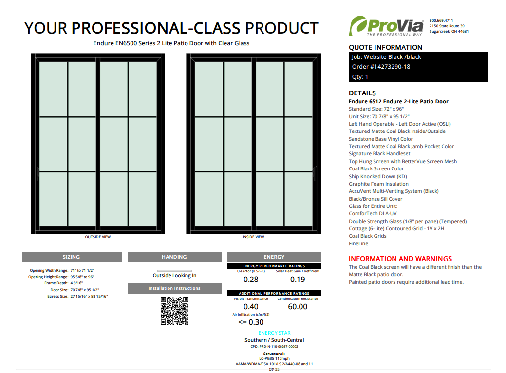 ProVia Endure 2-Lite Patio Door 72x96 Black/Black Double Pane Low-E W Argon Gas Cotage 6 Lite Grills - Doors and Beyond