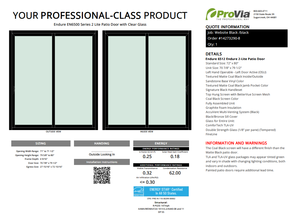 ProVia Endure 2-Lite Patio Door 72x80 Black/Black Triple Pane Low-E W Argon Gas - Doors and Beyond