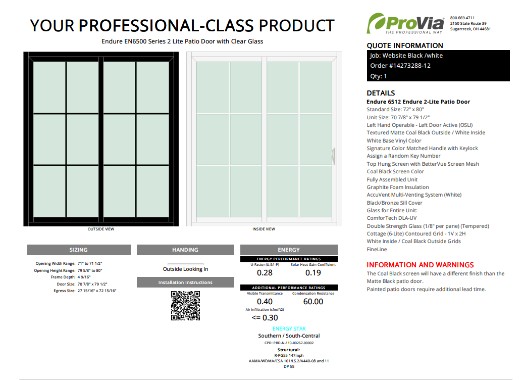 ProVia Endure 2-Lite Patio Door 72x80 Black/White Double Pane Low-E W Argon Gas Cotage 6 Lite Grills - Doors and Beyond