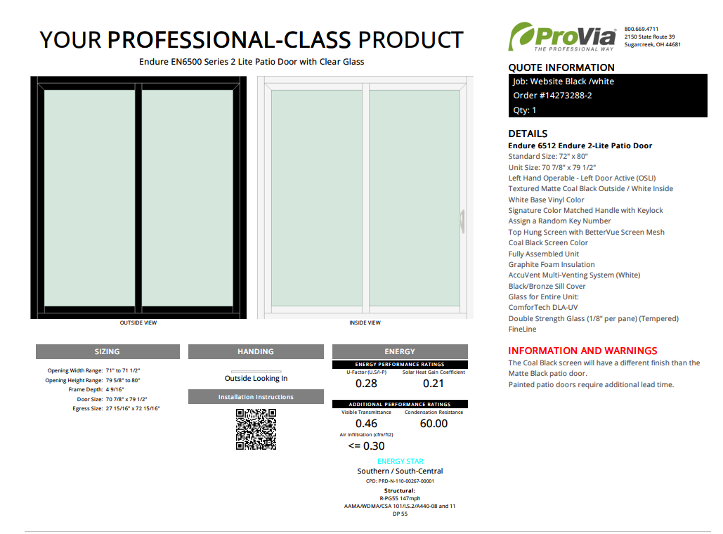 ProVia Endure 2-Lite Patio Door 72x80 Black/White Double Pane Low-E W Argon Gas - Doors and Beyond