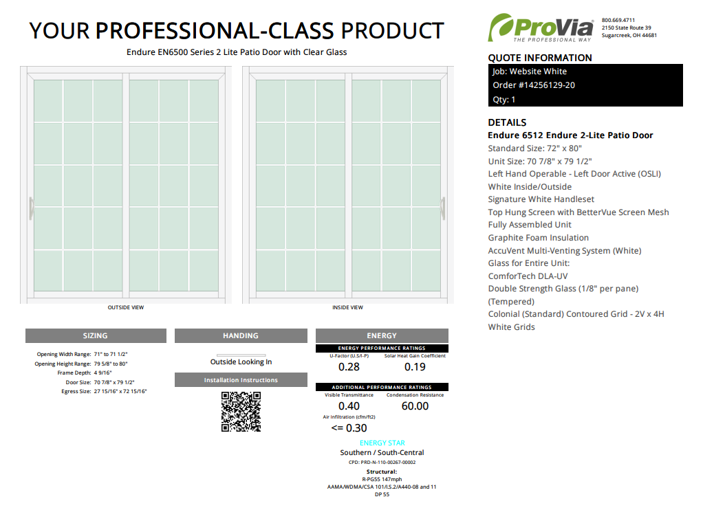 ProVia Endure 2-Lite Patio Door 72x80 White/White Double Pane Low-E W Argon Gas Colonial Grills - Doors and Beyond