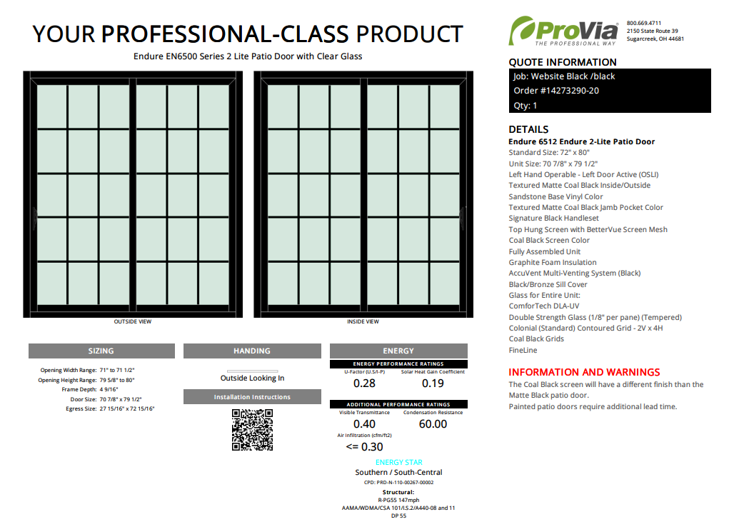 ProVia Endure 2-Lite Patio Door 72x80 Black/Black Double Pane Low-E W Argon Gas Colonial Grills - Doors and Beyond