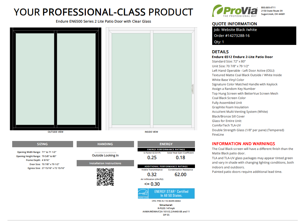 ProVia Endure 2-Lite Patio Door 72x80 Black/White Triple Pane Low-E W Argon Gas - Doors and Beyond