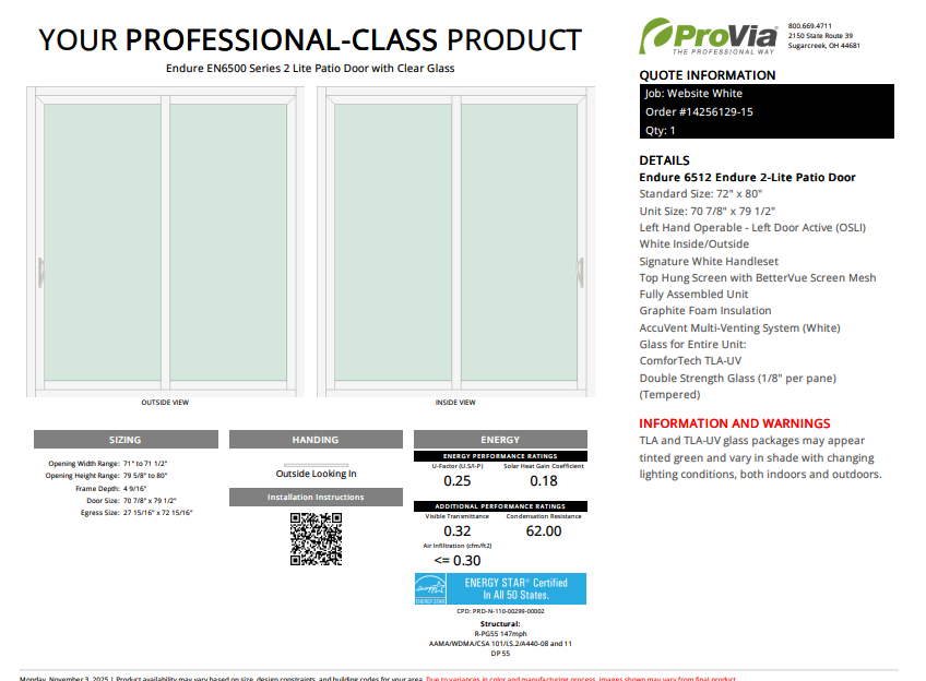 ProVia Endure 2-Lite Patio Door 72x80 White/White Triple Pane Low-E W Argon Gas - Doors and Beyond