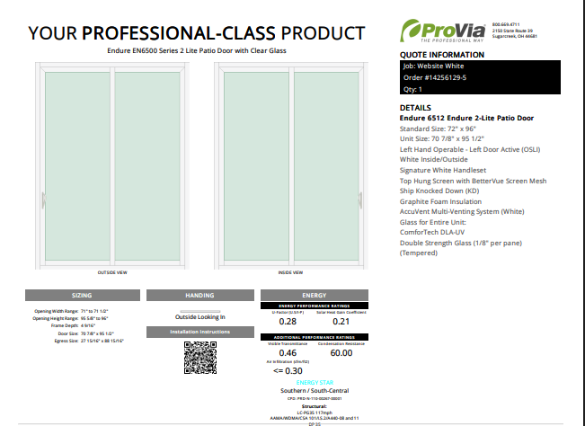 ProVia Endure 2-Lite Patio Door 72x96 White/White Double Pane Low-E W Argon Gas - Doors and Beyond
