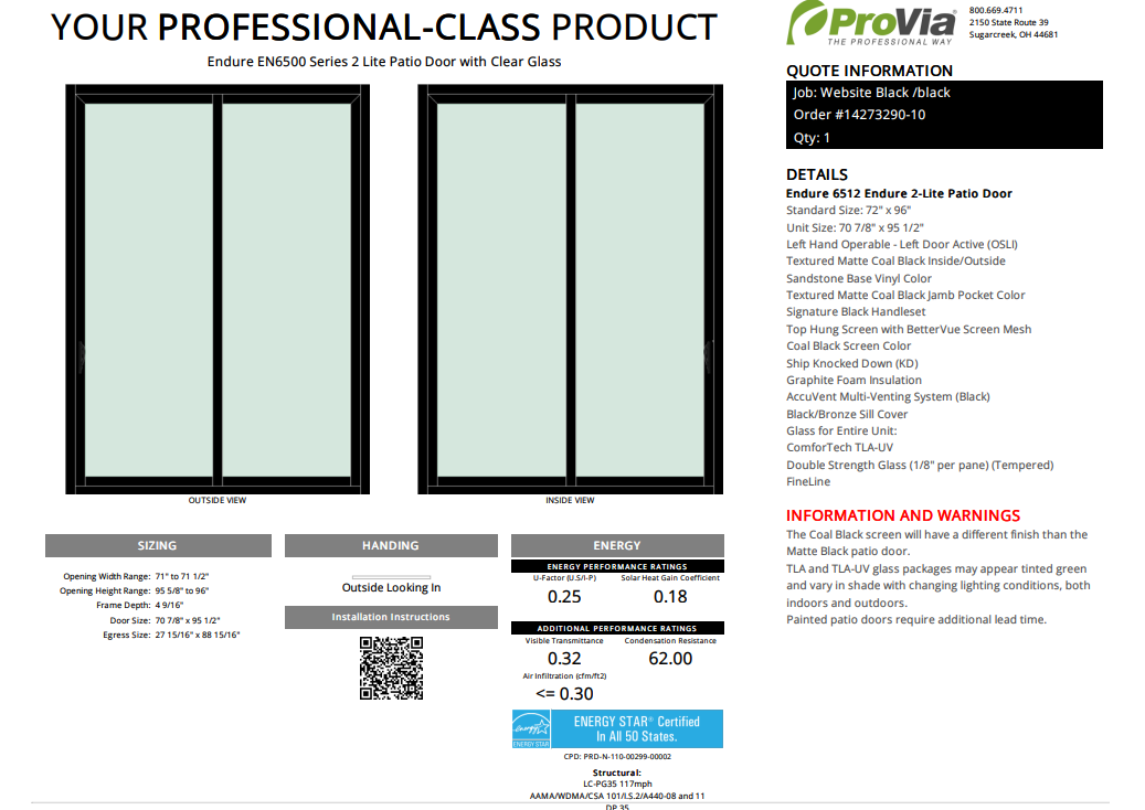 ProVia Endure 2-Lite Patio Door 72x96 Black/Black Double Pane Low-E W Argon Gas - Doors and Beyond