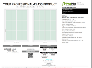 ProVia Endure 2-Lite Patio Door 72x96 White/White Double Pane Low-E W Argon Gas Cotage 6 Lite Grills - Doors and Beyond