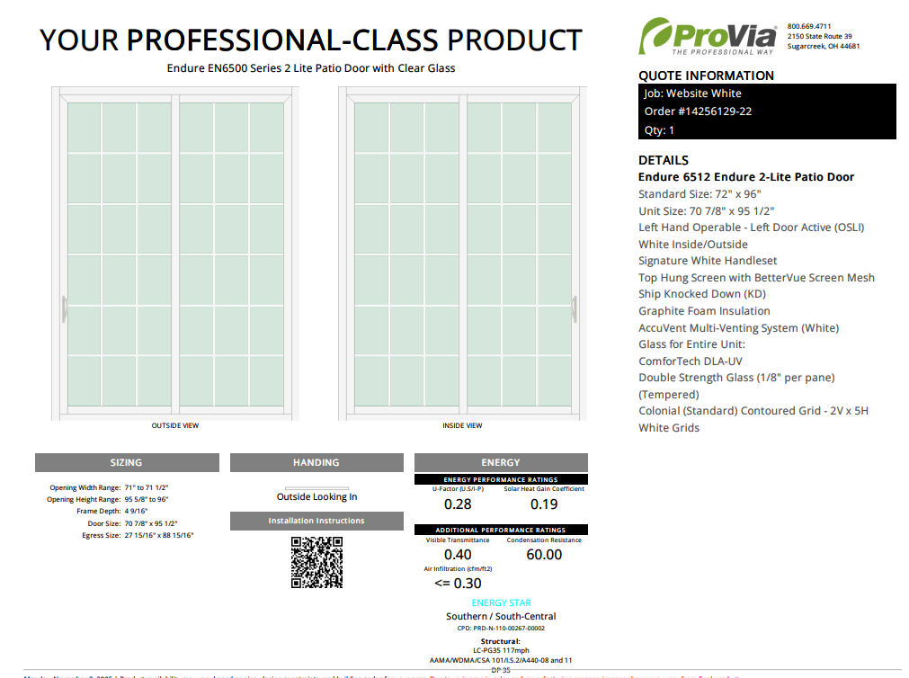 ProVia Endure 2-Lite Patio Door 72x96 White/White Double Pane Low-E W Argon Gas Colonial Grills - Doors and Beyond