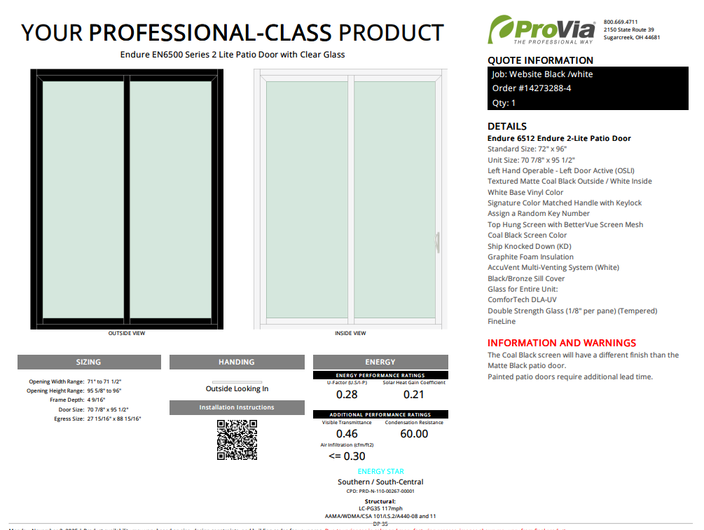ProVia Endure 2-Lite Patio Door 72x96 Black/White Double Pane Low-E W Argon Gas - Doors and Beyond
