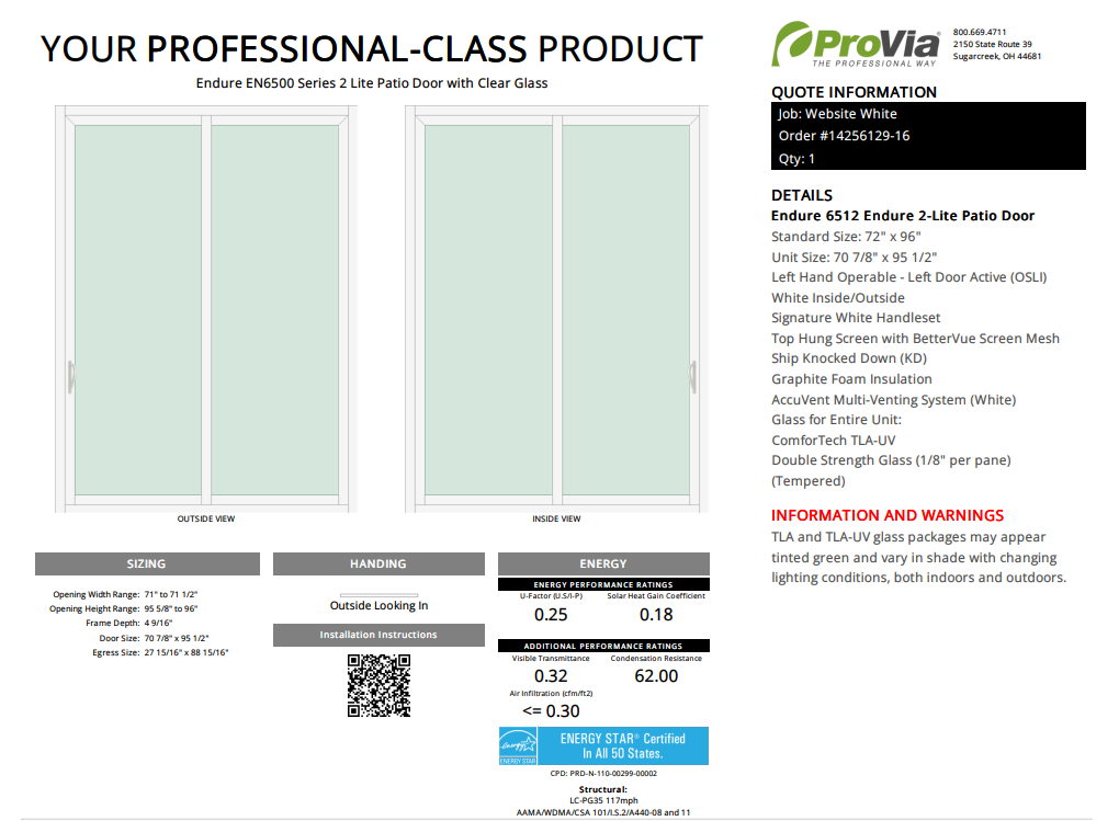 ProVia Endure 2-Lite Patio Door 72x96 White/White Triple Pane Low-E W Argon Gas - Doors and Beyond