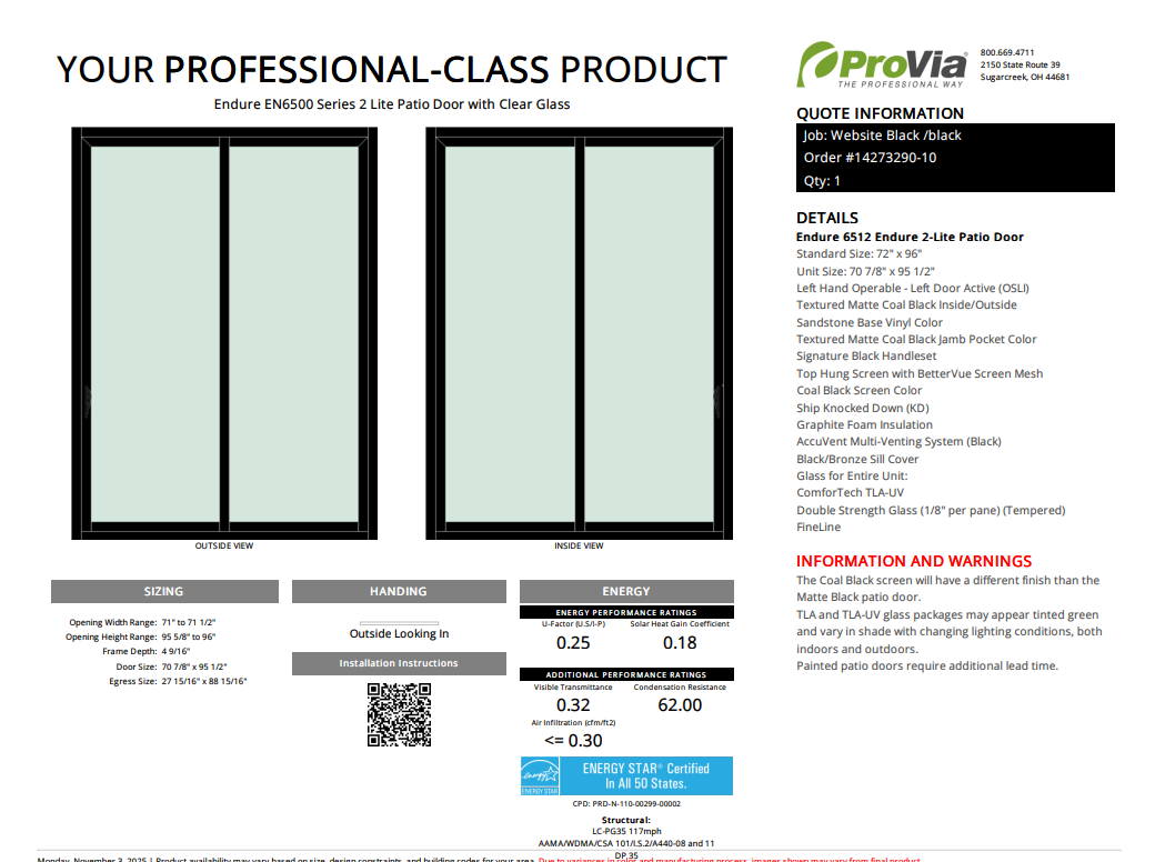 ProVia Endure 2-Lite Patio Door 72x96 Black/Black Triple Pane Low-E W Argon Gas - Doors and Beyond