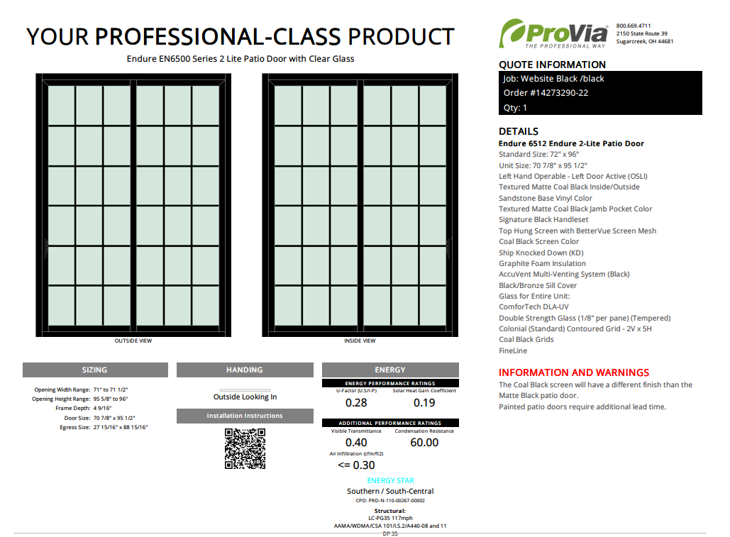 ProVia Endure 2-Lite Patio Door 72x96 Black/Black Double Pane Low-E W Argon Gas Colonial Grills - Doors and Beyond
