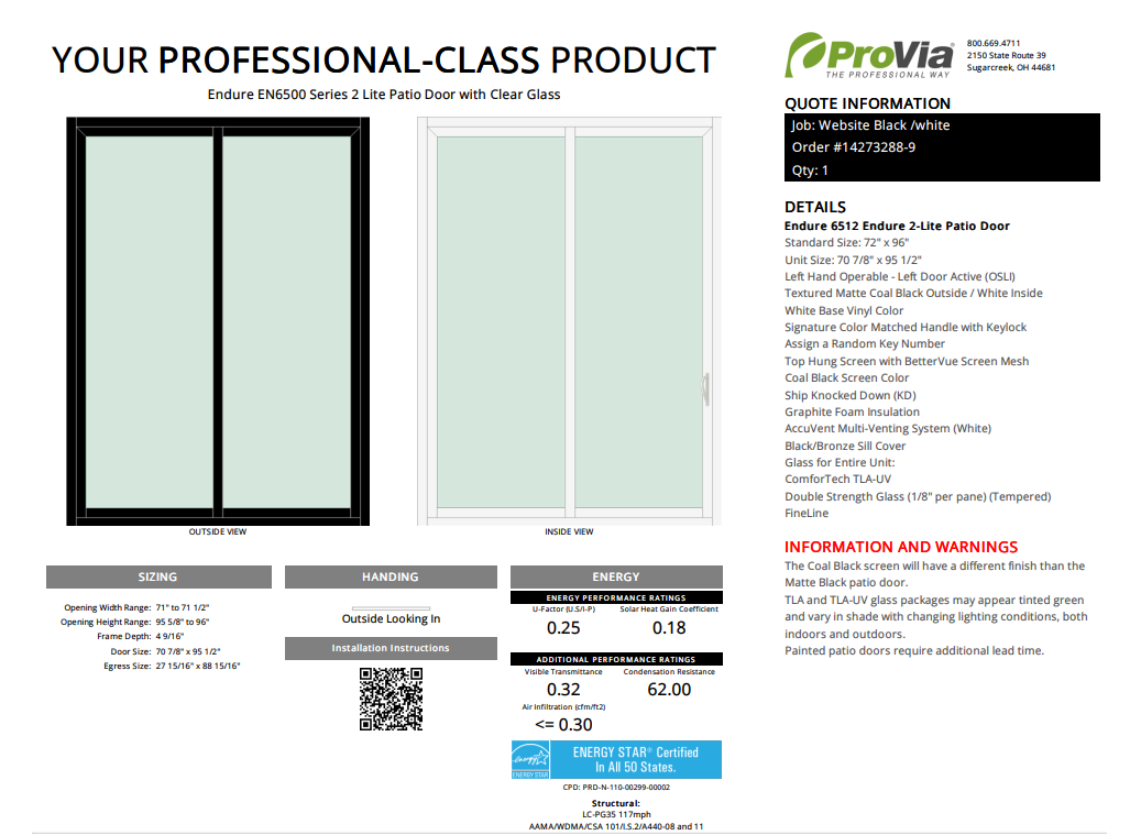 ProVia Endure 2-Lite Patio Door 72x96 Black/White Triple Pane Low-E W Argon Gas - Doors and Beyond