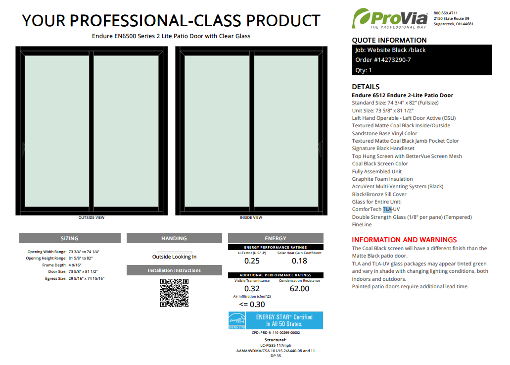 ProVia Endure 2-Lite Patio Door 74x82 Black/Black Triple Pane Low-E W Argon Gas - Doors and Beyond