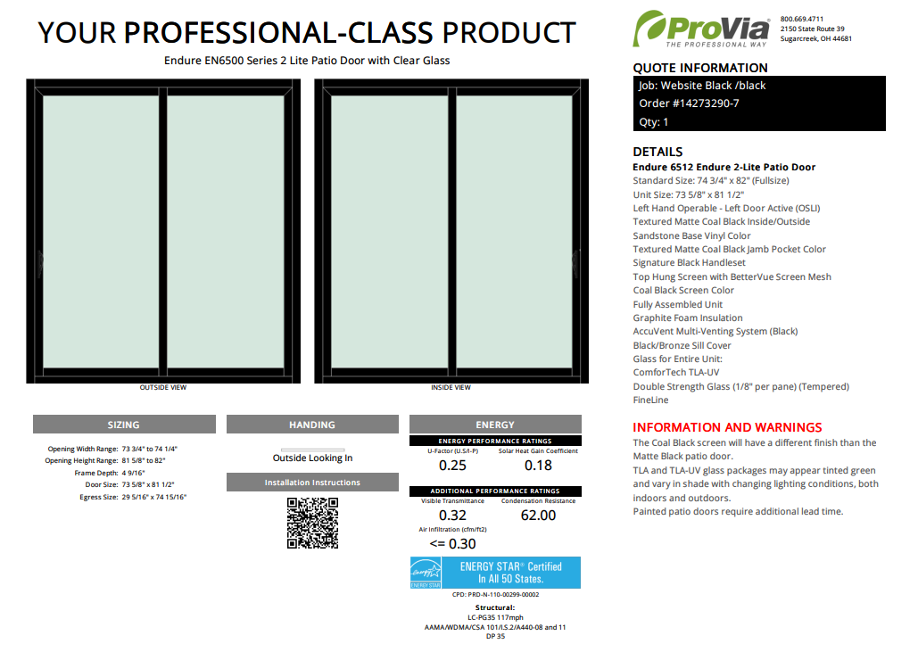 ProVia Endure 2-Lite Patio Door 74x82 Black/Black Double Pane Low-E W Argon Gas - Doors and Beyond