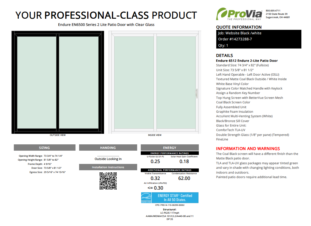 ProVia Endure 2-Lite Patio Door 74x82 Black/White Double Pane Low-E W Argon Gas - Doors and Beyond