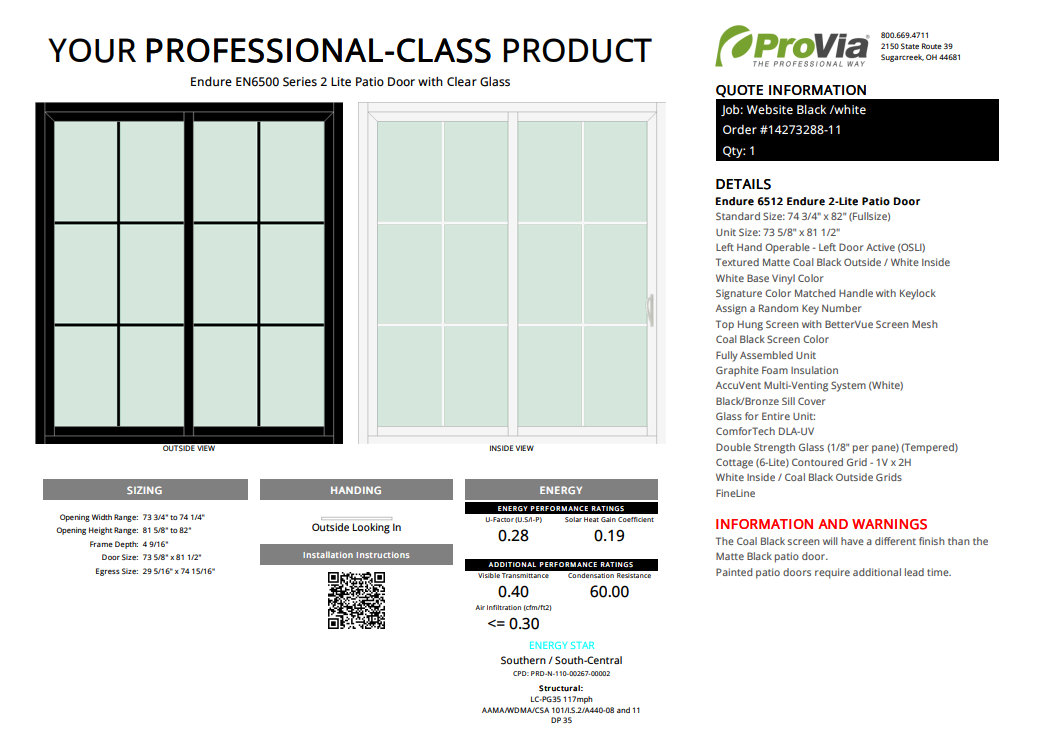 ProVia Endure 2-Lite Patio Door 74x82 Black/White Double Pane Low-E W Argon Gas Cotage 6 Lite Grills - Doors and Beyond