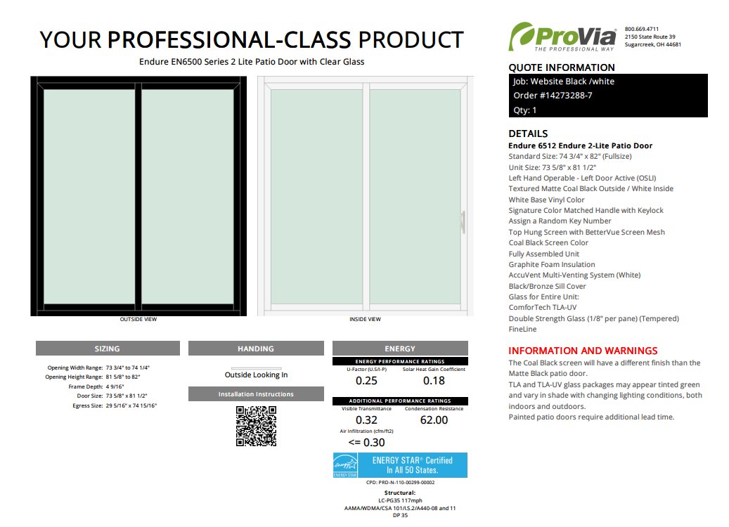 ProVia Endure 2-Lite Patio Door 74x82 Black/White Triple Pane Low-E W Argon Gas - Doors and Beyond
