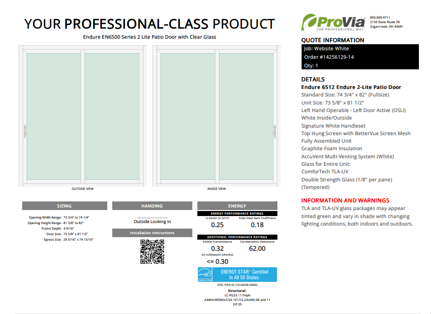 ProVia Endure 2-Lite Patio Door 74x82 White/White Triple Pane Low-E W Argon Gas - Doors and Beyond