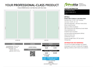 ProVia Endure 2-Lite Patio Door 74x82 White/White Triple Pane Low-E W Argon Gas - Doors and Beyond
