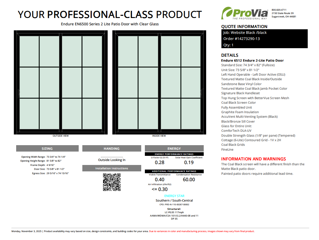 ProVia Endure 2-Lite Patio Door 74x82 Black/Black Double Pane Low-E W Argon Gas Cotage 6 Lite Grills - Doors and Beyond