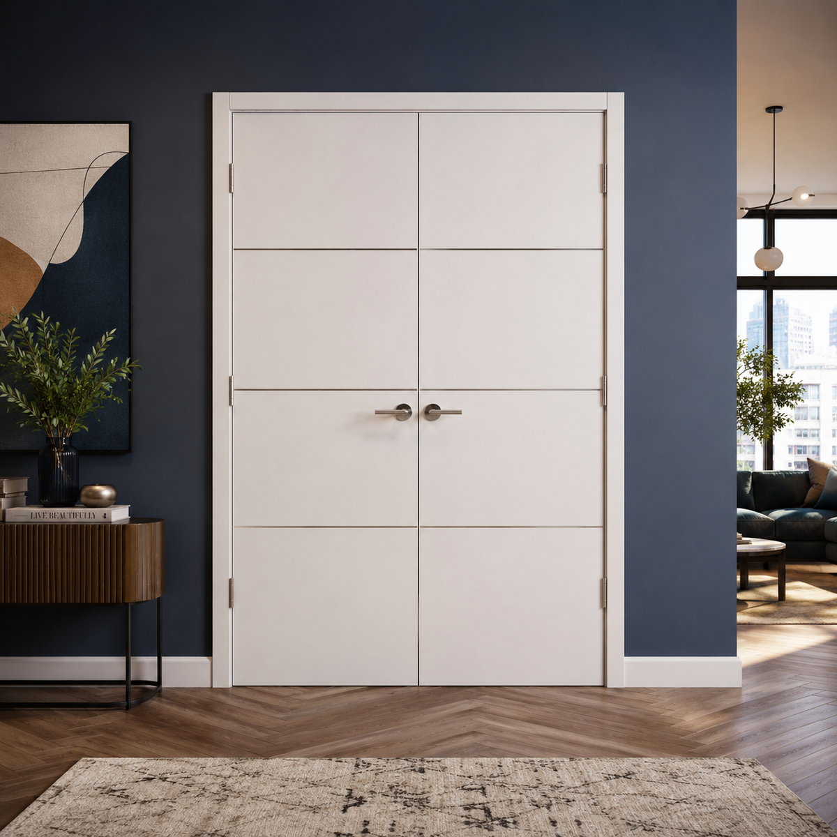 Nova HG008 White Drawing Laminated Modern Double Pre-Hung Door - Doors and Beyond