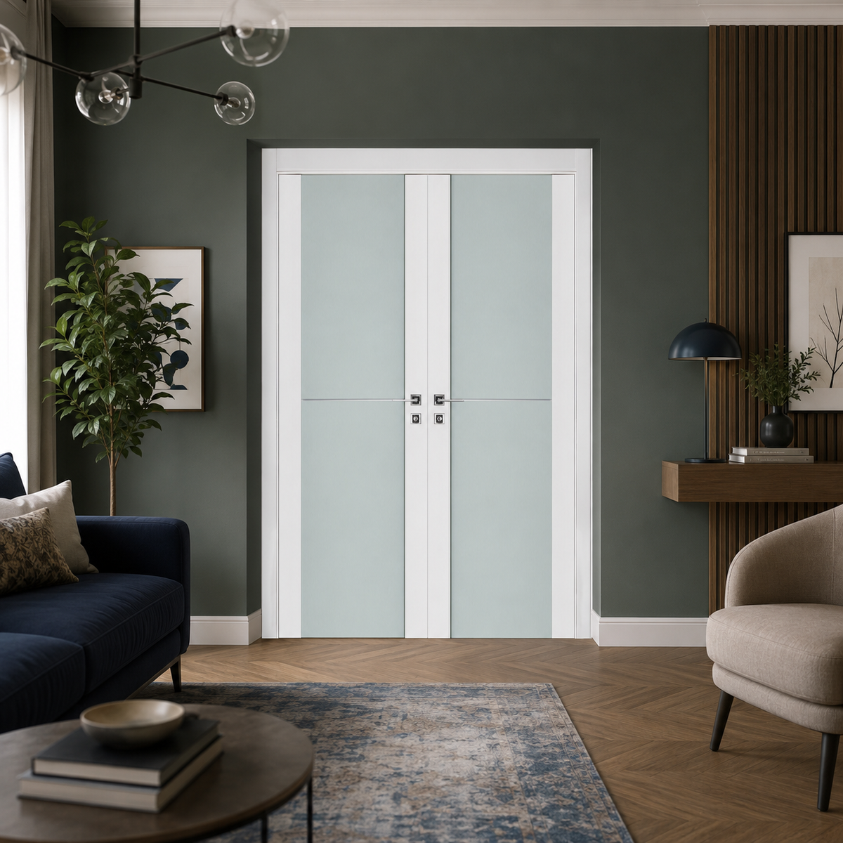 Nova Triplex 002 Soft White Laminated Modern Double Pre-Hung Door - Doors and Beyond