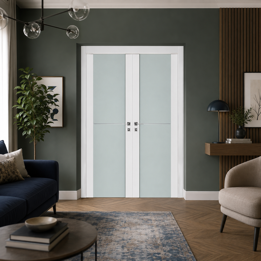 Nova Triplex 002 Soft White Laminated Modern Double Pre-Hung Door - Doors and Beyond