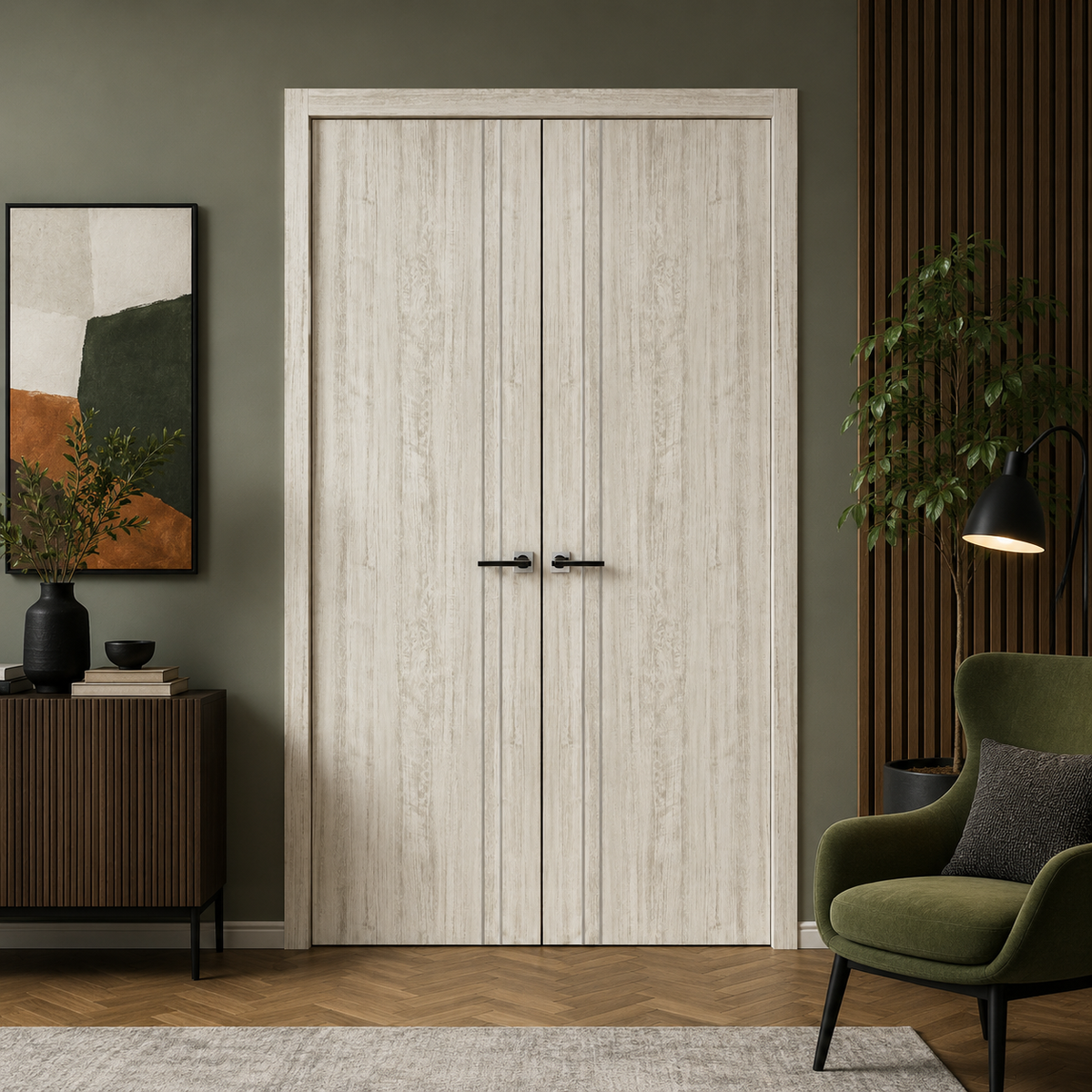 Nova HG002 Light Aloe Wood Laminated Modern Double Pre-Hung Door - Doors and Beyond