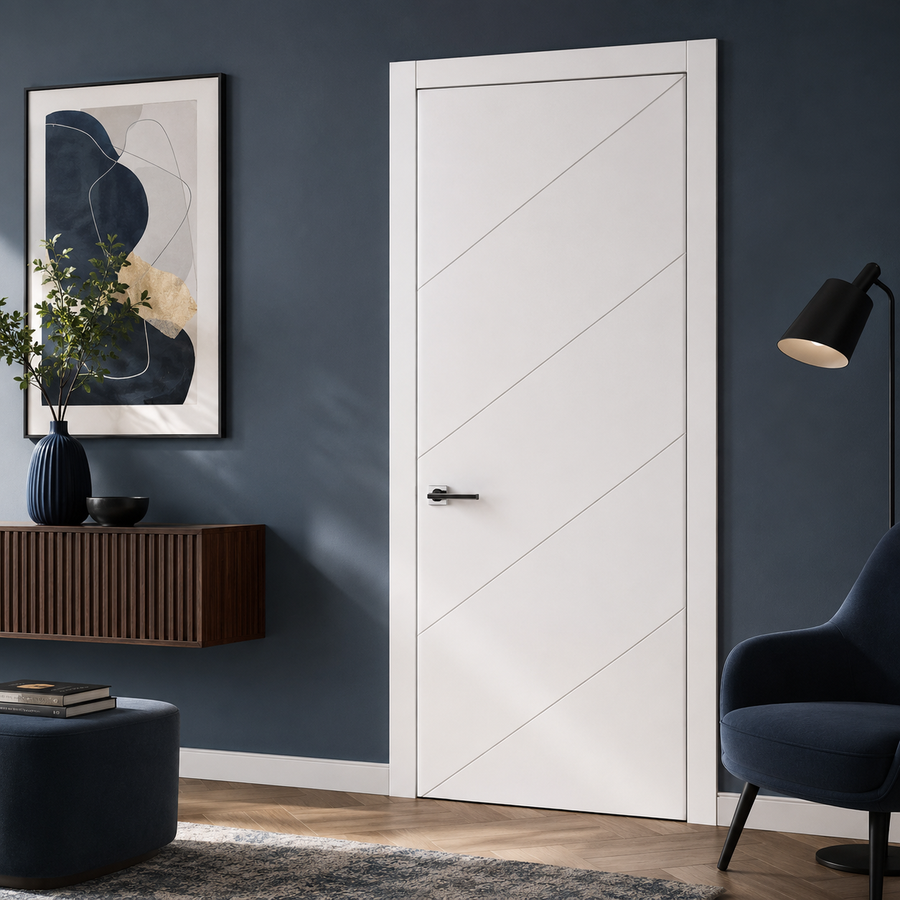 Nova Slant Soft White Laminated Modern Single Pre-Hung Door - Doors and Beyond