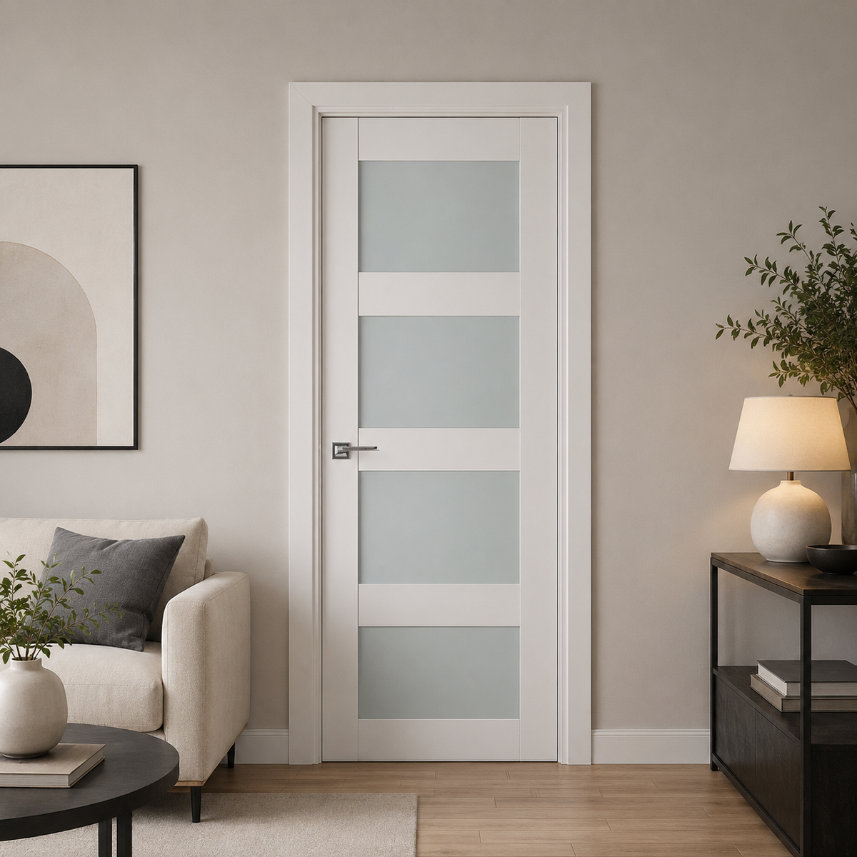 Nova Triplex 021 Soft White Laminated Modern Pre-Hung Door - Doors and Beyond