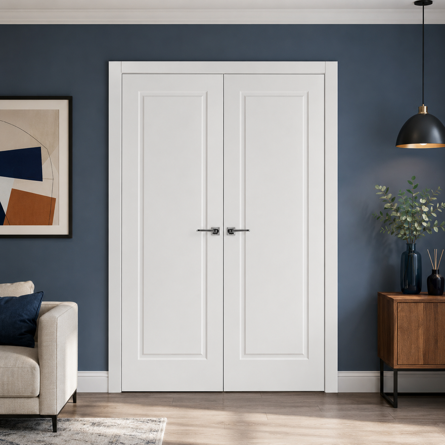 Nova 1 Panel Soft White Laminated Modern Double Pre-Hung Door - Doors and Beyond