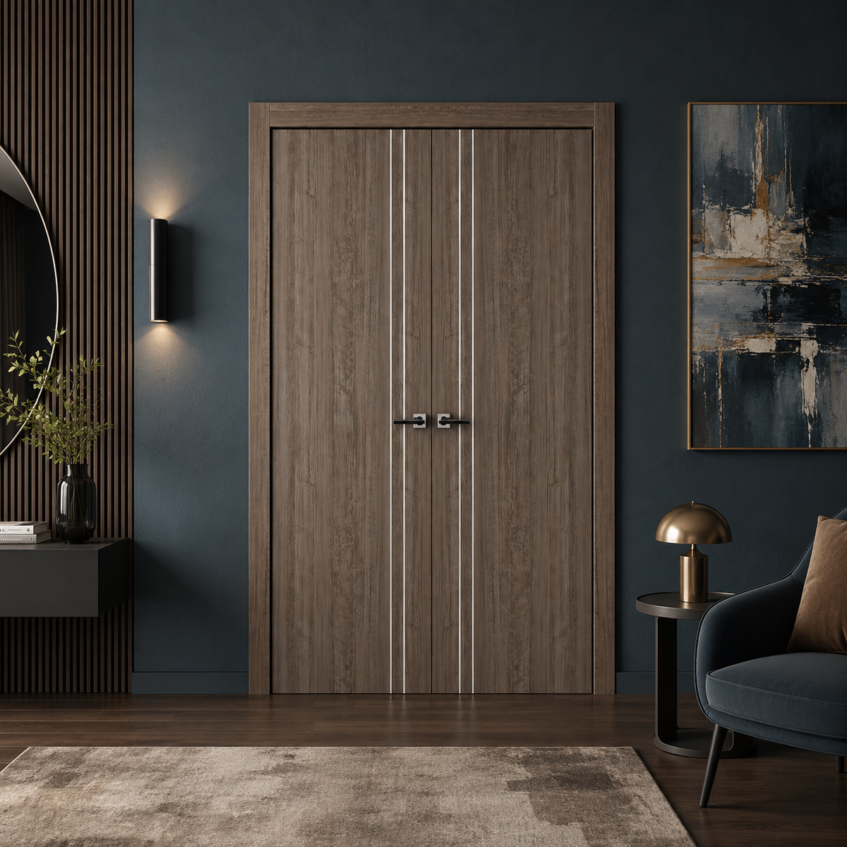 Nova HG002 Dark Aloe Wood Laminated Modern Double Pre-Hung Door - Doors and Beyond