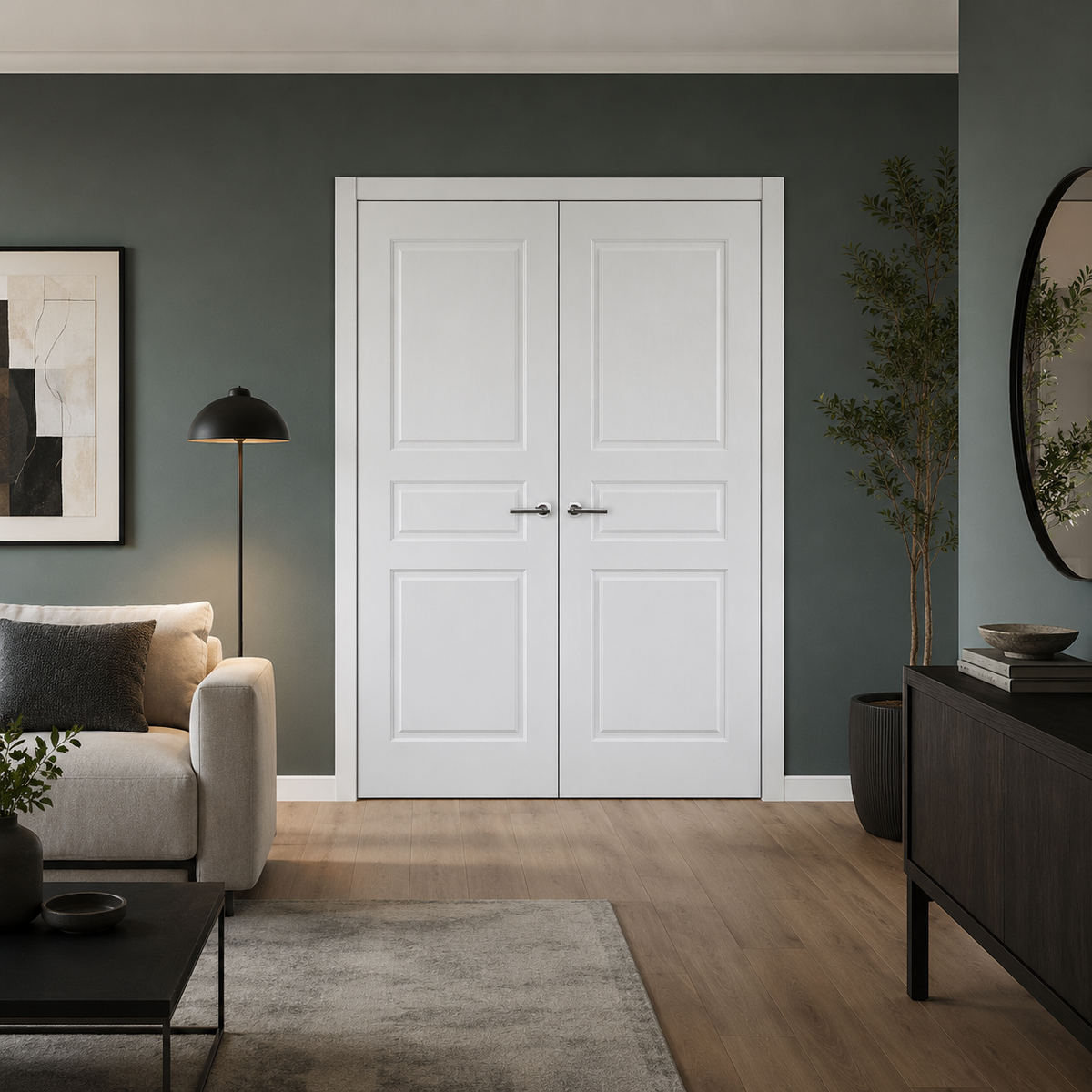Nova 3 Panel Soft White Laminated Modern Double Pre-Hung Door - Doors and Beyond