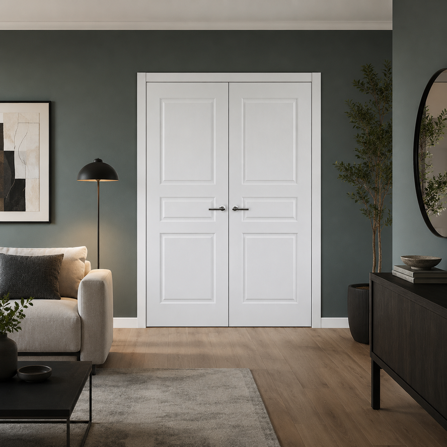 Nova 3 Panel Soft White Laminated Modern Double Pre-Hung Door - Doors and Beyond