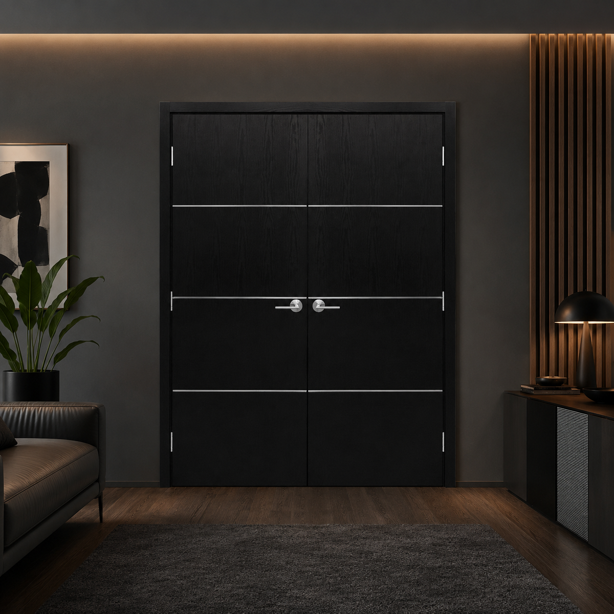 Nova HG008 Black Ash Laminated Modern Double Pre-Hung Door - Doors and Beyond