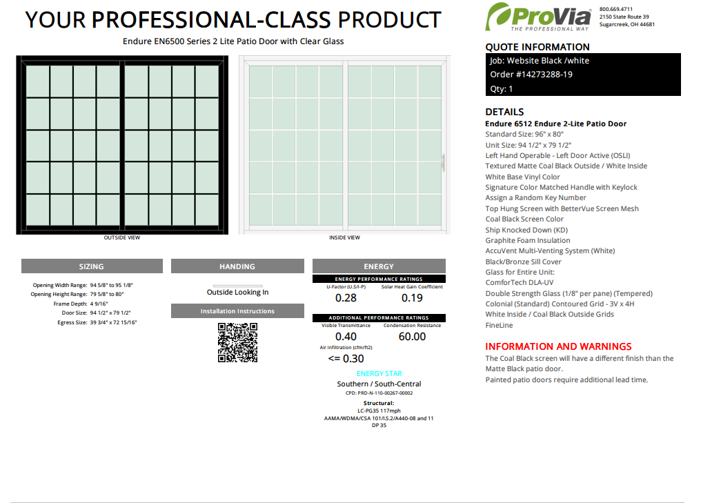 ProVia Endure 2-Lite Patio Door 96x80 Black/White Double Pane Low-E W Argon Gas Colonial Grills - Doors and Beyond