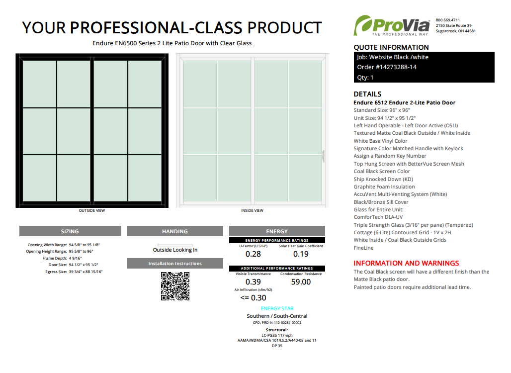 ProVia Endure 2-Lite Patio Door 96x96 Black/White Double Pane Low-E W Argon Gas Cotage 6 Lite Grills - Doors and Beyond