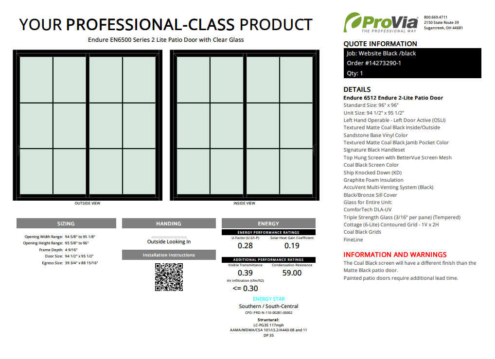 ProVia Endure 2-Lite Patio Door 96x96 Black/Black Double Pane Low-E W Argon Gas Cotage 6 Lite Grills - Doors and Beyond