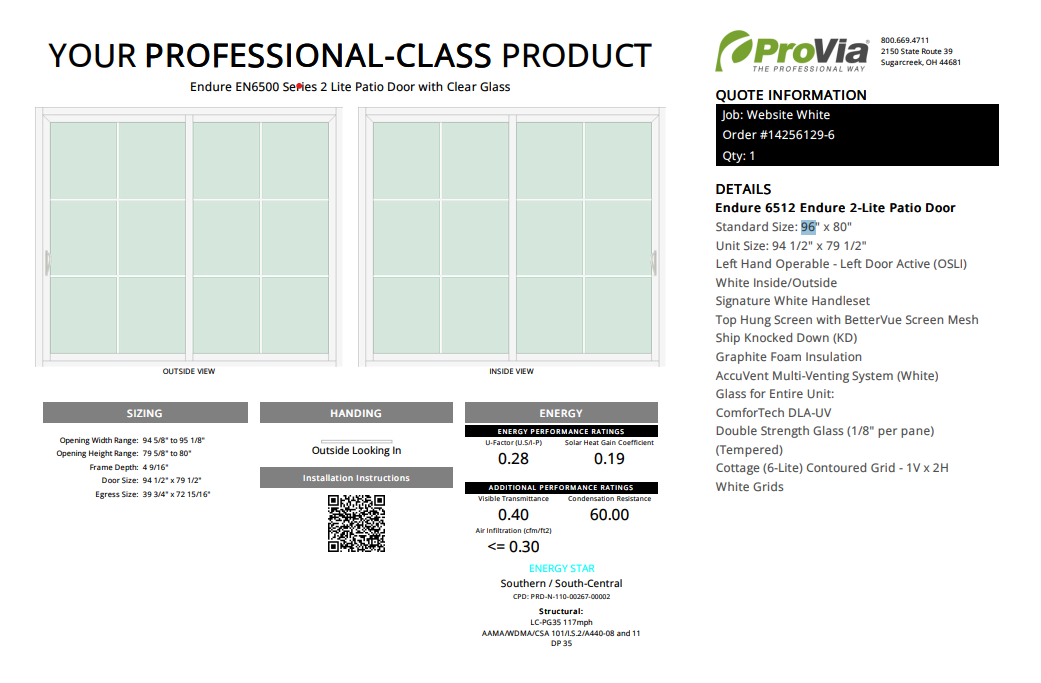 ProVia Endure 2-Lite Patio Door 96x80 White/White Double Pane Low-E W Argon Gas Cotage 6 Lite Grills - Doors and Beyond