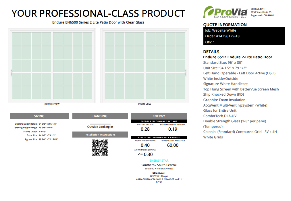 ProVia Endure 2-Lite Patio Door 96x80 White/White Double Pane Low-E W Argon Gas Colonial Grills - Doors and Beyond