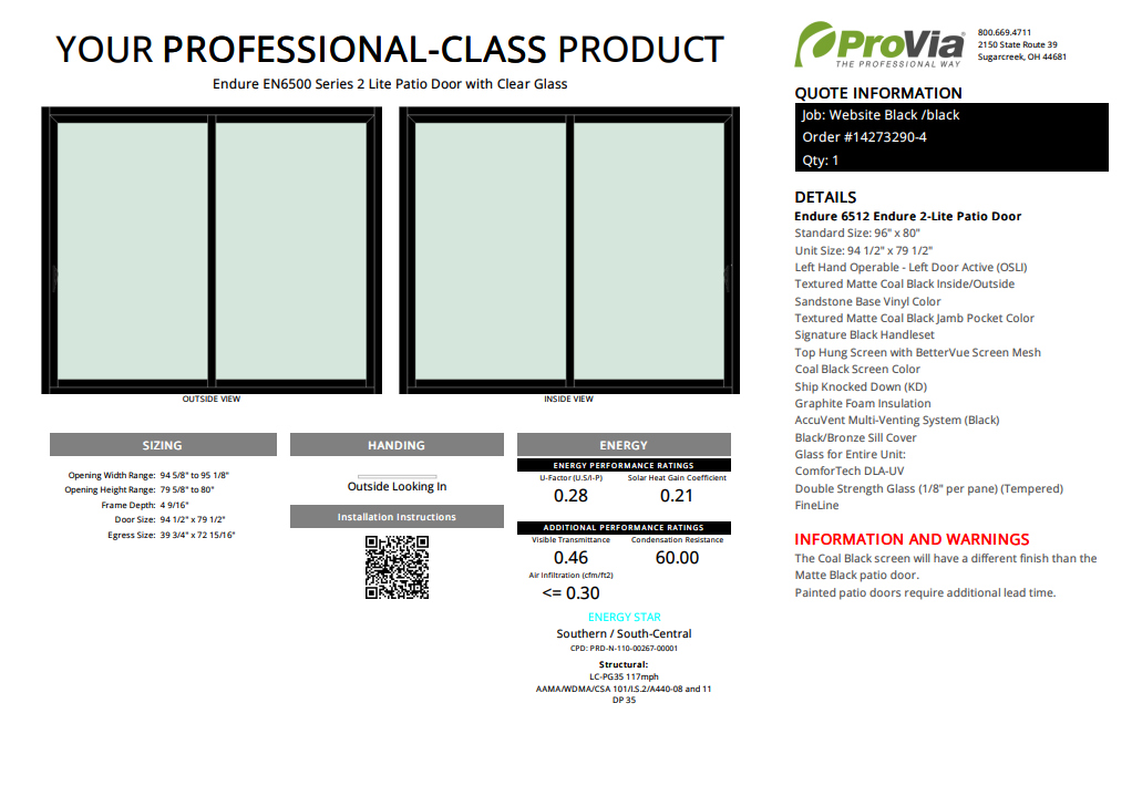 ProVia Endure 2-Lite Patio Door 96x80 Black/Black Double Pane Low-E W Argon Gas - Doors and Beyond
