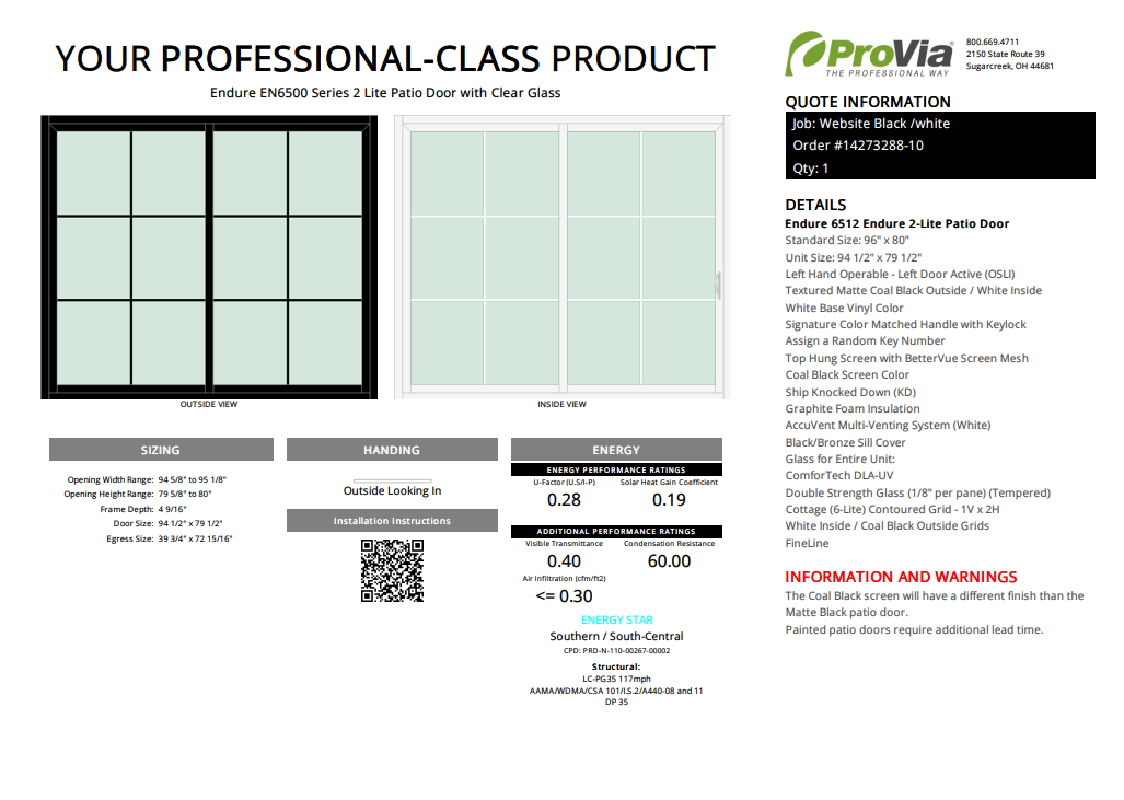 ProVia Endure 2-Lite Patio Door 96x80 Black/White Double Pane Low-E W Argon Gas Cotage 6 Lite Grills - Doors and Beyond