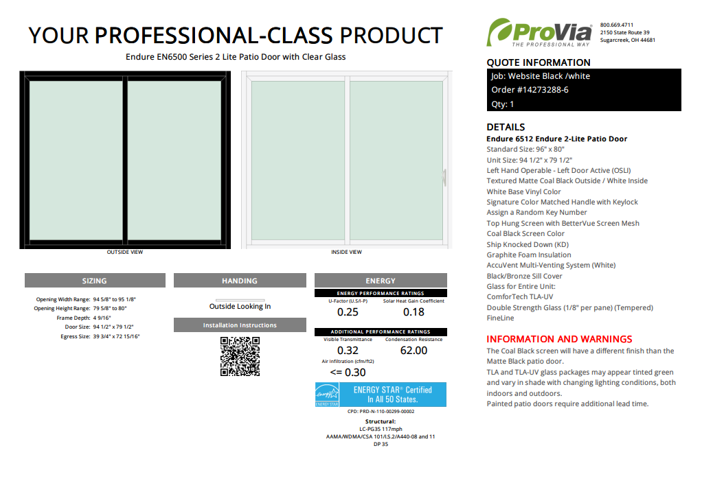 ProVia Endure 2-Lite Patio Door 96x80 Black/White Double Pane Low-E W Argon Gas - Doors and Beyond