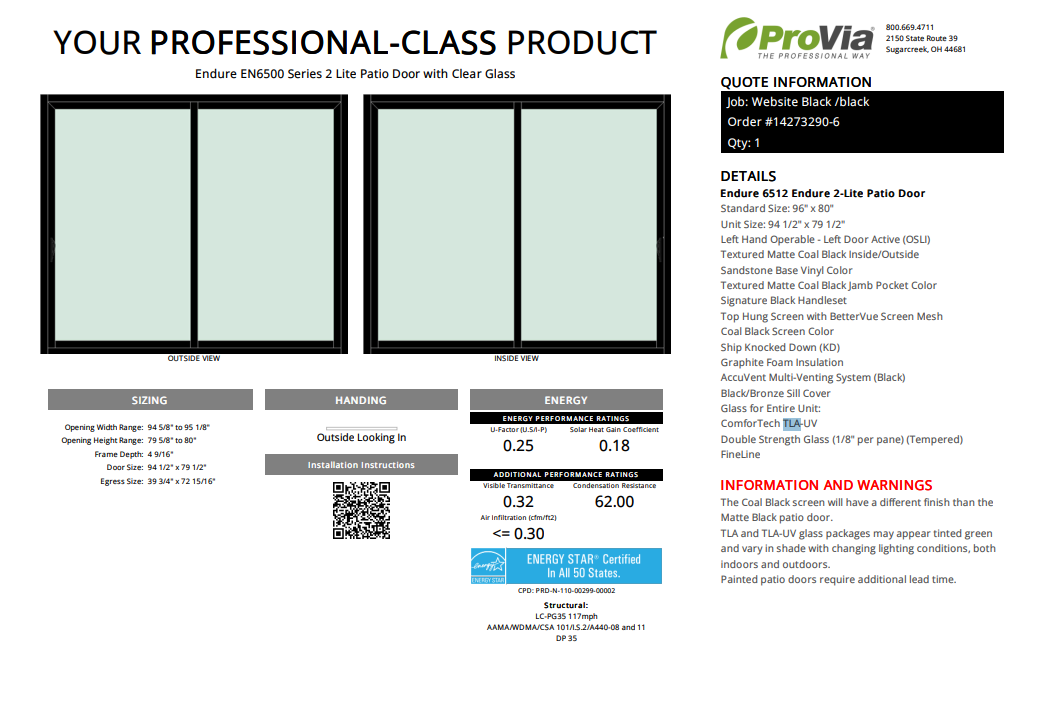 ProVia Endure 2-Lite Patio Door 96x80 Black/Black Triple Pane Low-E W Argon Gas - Doors and Beyond