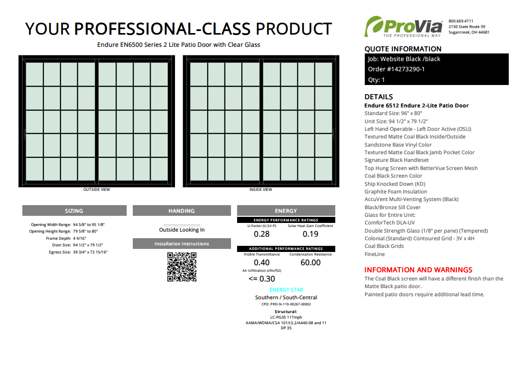 ProVia Endure 2-Lite Patio Door 96x80 Black/Black Double Pane Low-E W Argon Gas Colonial Grills - Doors and Beyond